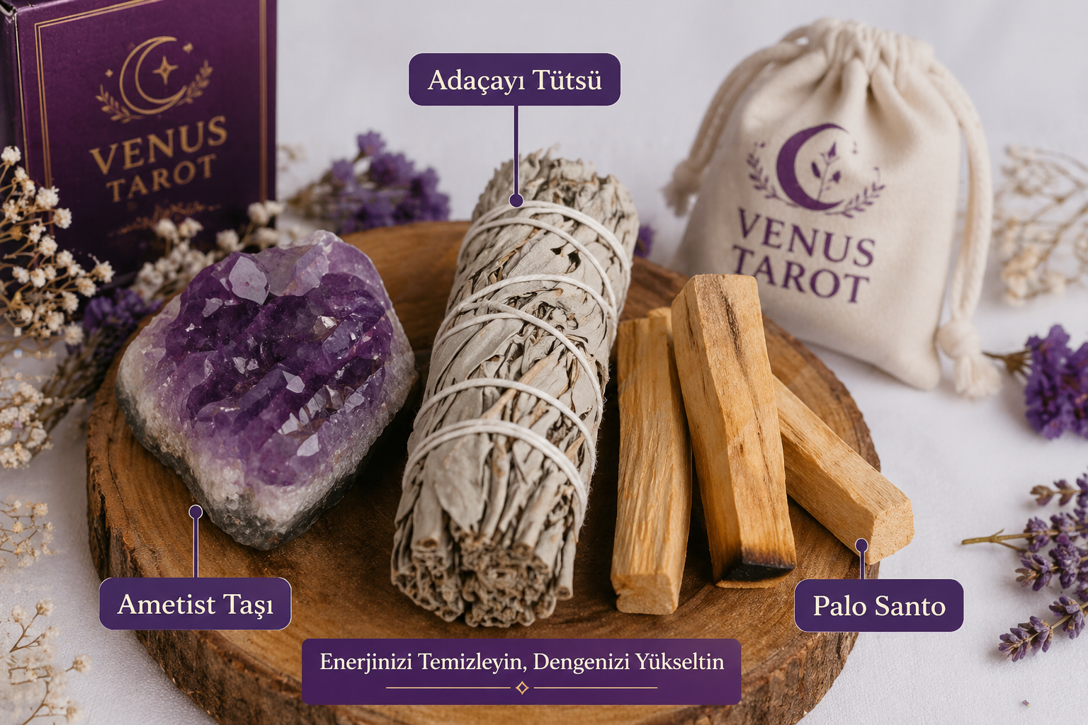 Enerji Temizleme Seti - Ametist + Adaçayı + Palo Santo